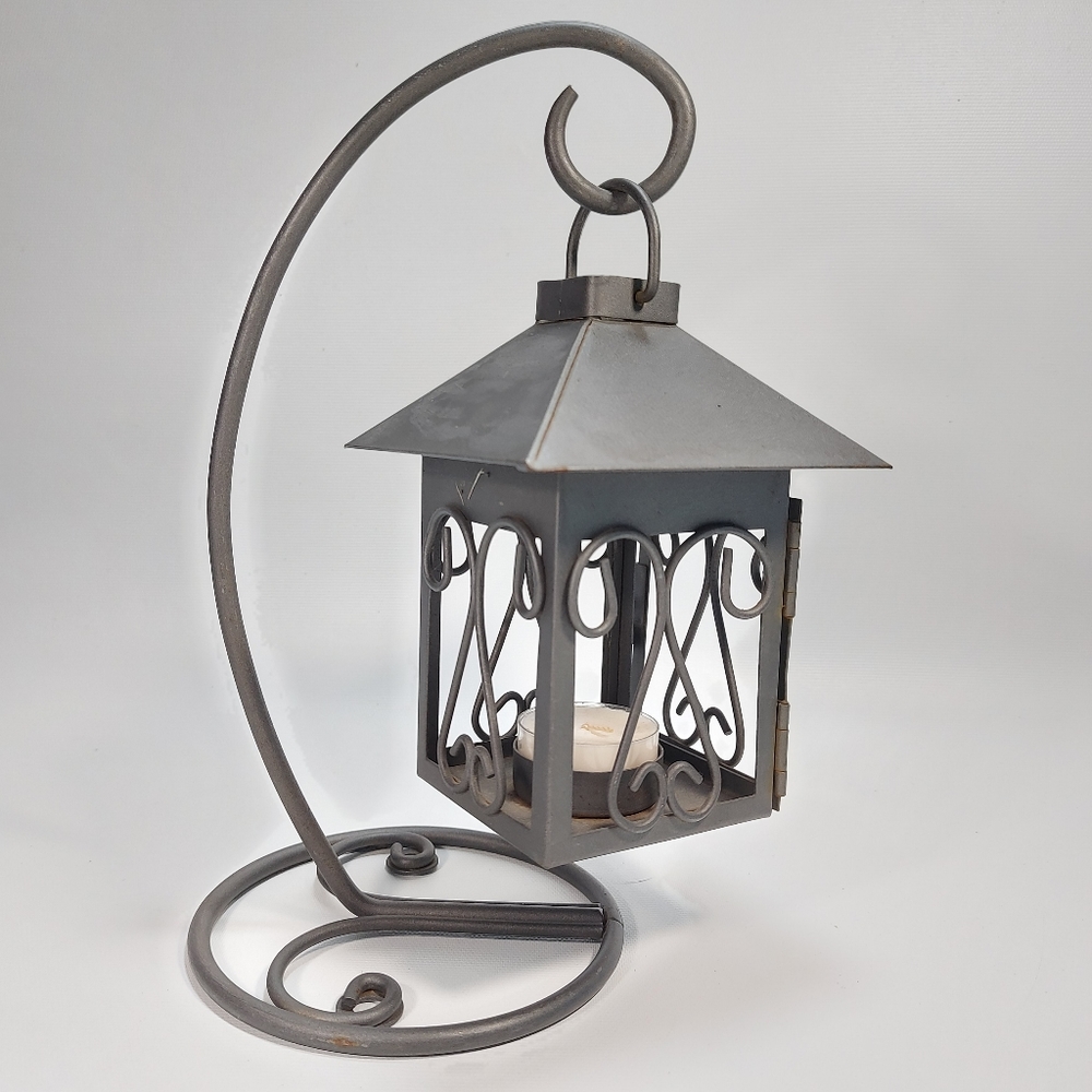 Silver Gray Metal Tea Light Holder Lantern With Hanger